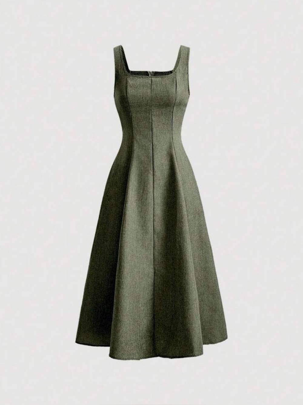 Sleeveless Olive Green Midi Dress with Square Neck